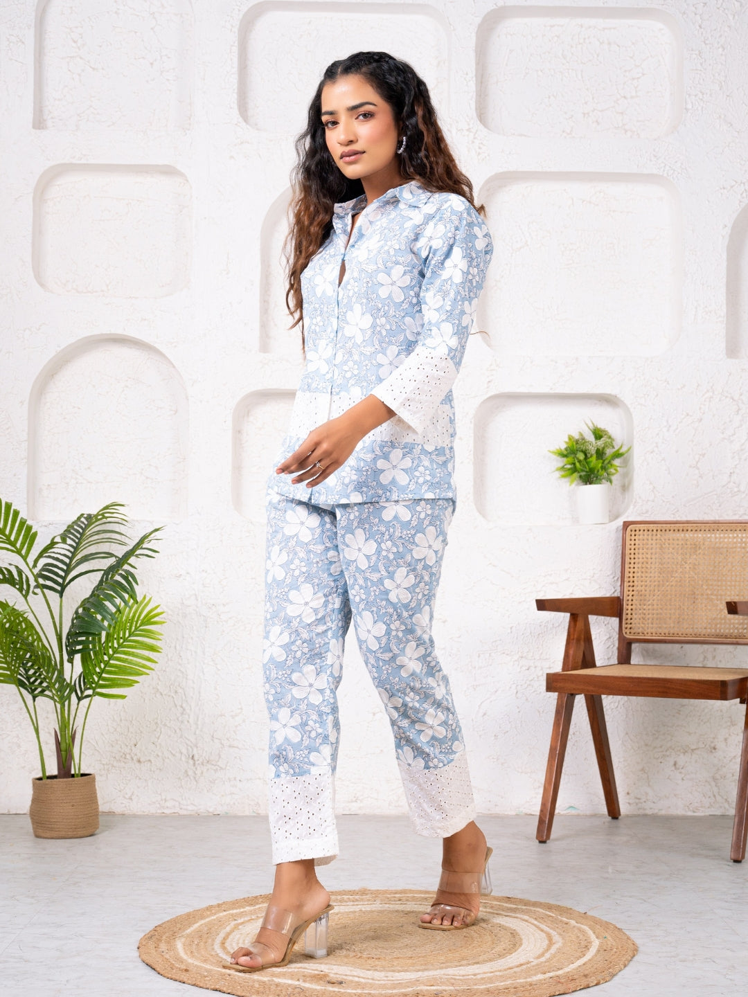 Cotton Printed Blue With Shiffli Detailing Co-Ord Set