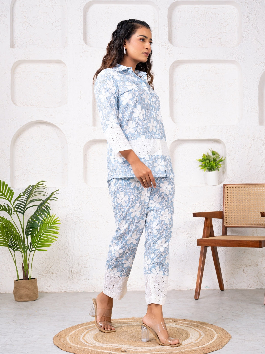 Cotton Printed Blue With Shiffli Detailing Co-Ord Set
