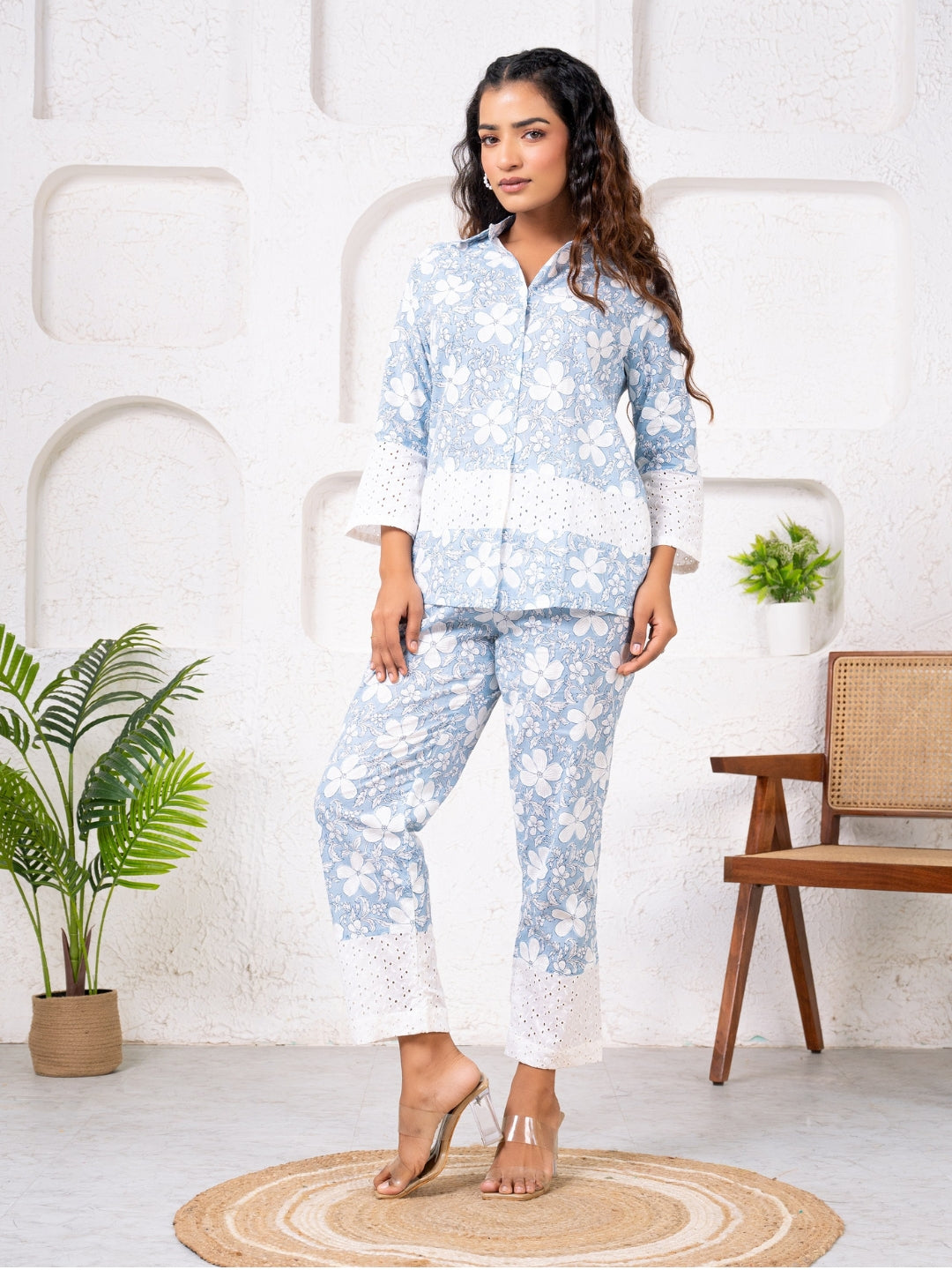 Cotton Printed Blue With Shiffli Detailing Co-Ord Set