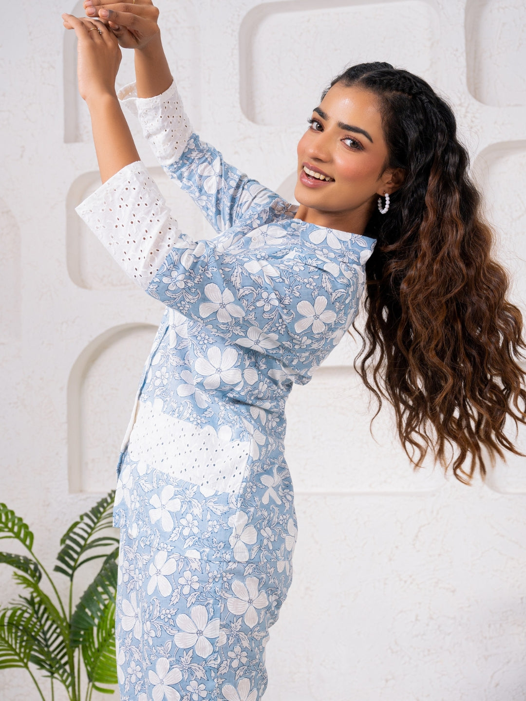 Cotton Printed Blue With Shiffli Detailing Co-Ord Set