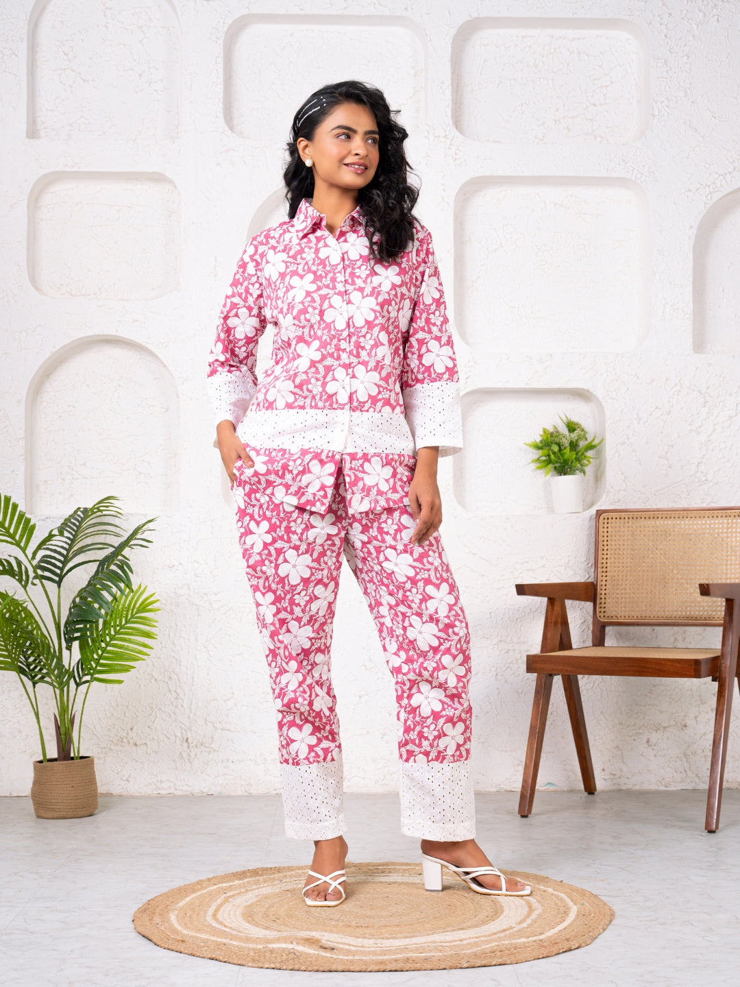 Cotton Printed Pink With Shiffli Detailing Co-Ord Set