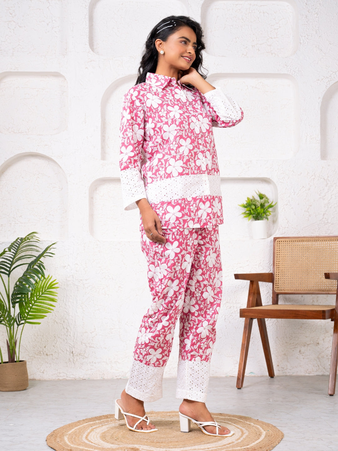 Cotton Printed Pink With Shiffli Detailing Co-Ord Set