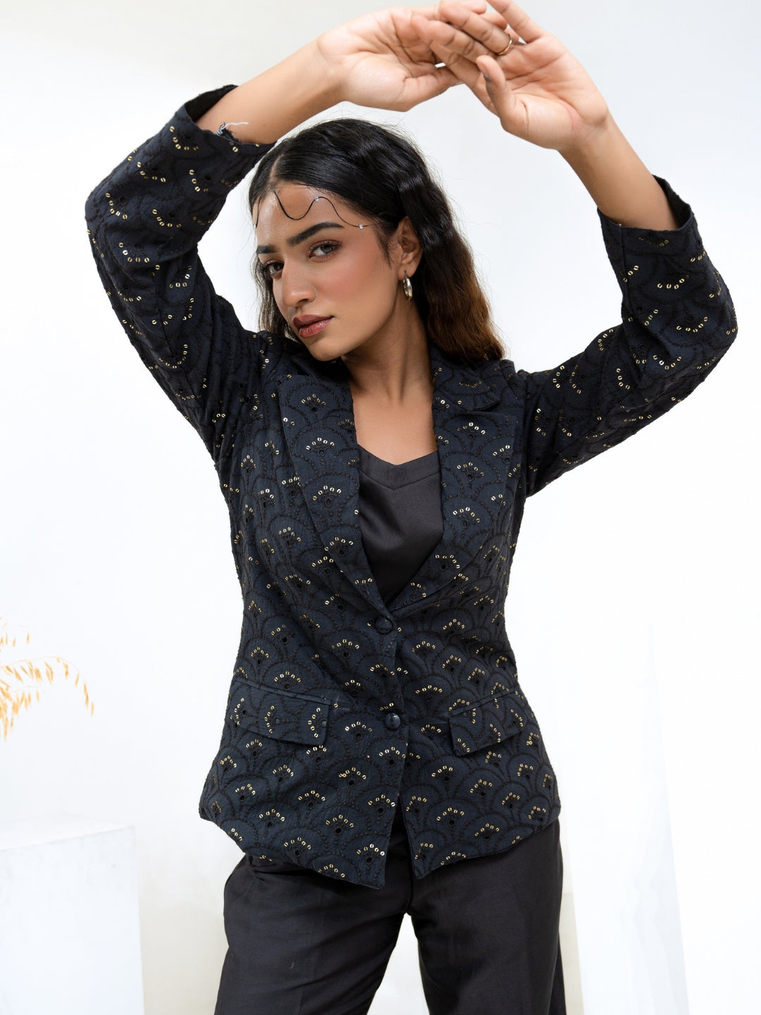 Cotton Shiffli Black Blazer With Modal Satin Pant & Inner Co-Ord Set