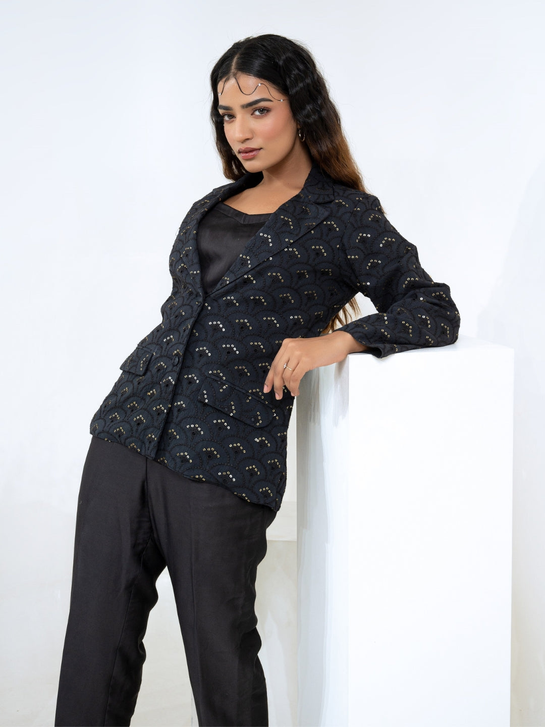 Cotton Shiffli Black Blazer With Modal Satin Pant & Inner Co-Ord Set