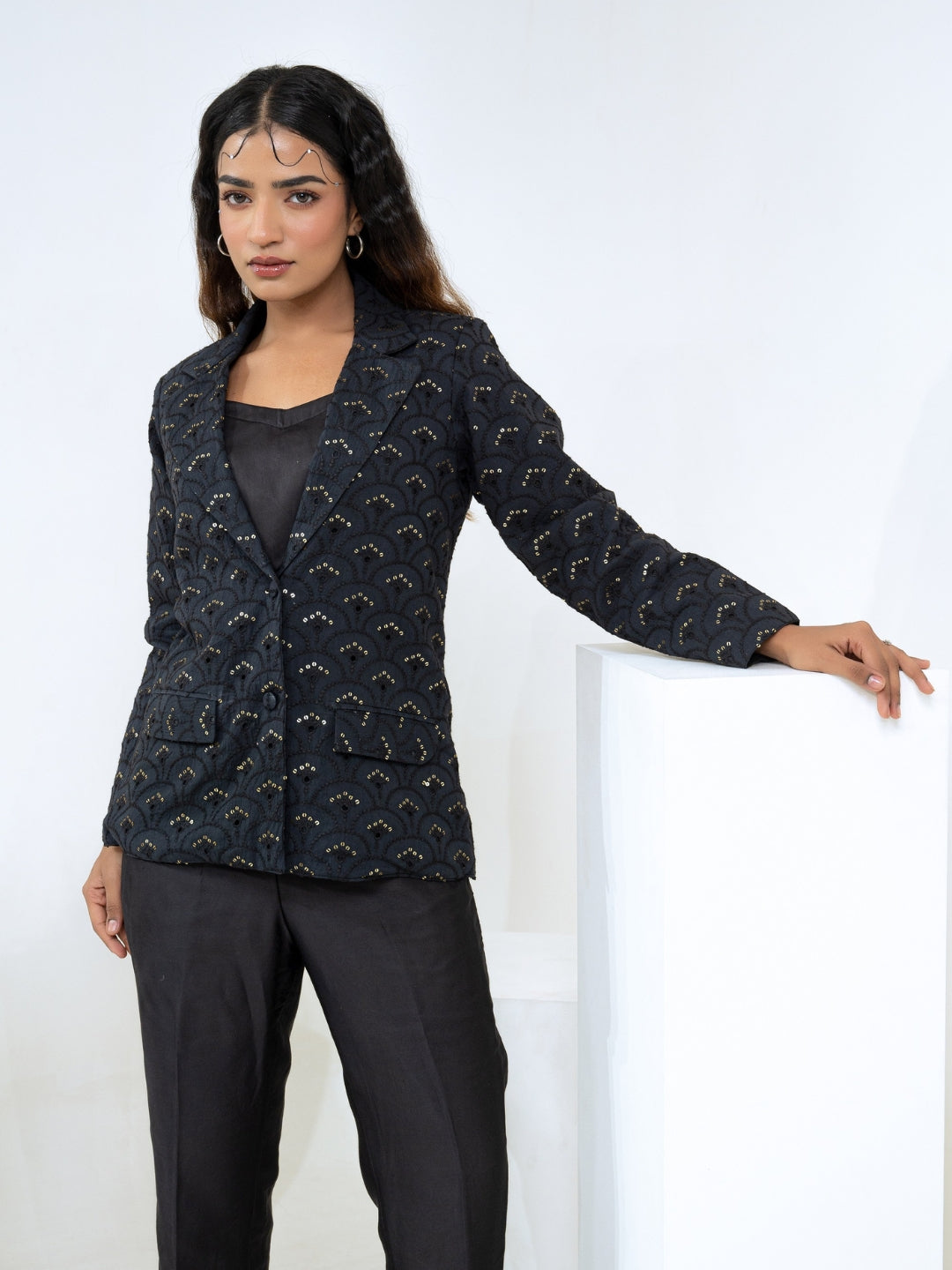 Cotton Shiffli Black Blazer With Modal Satin Pant & Inner Co-Ord Set
