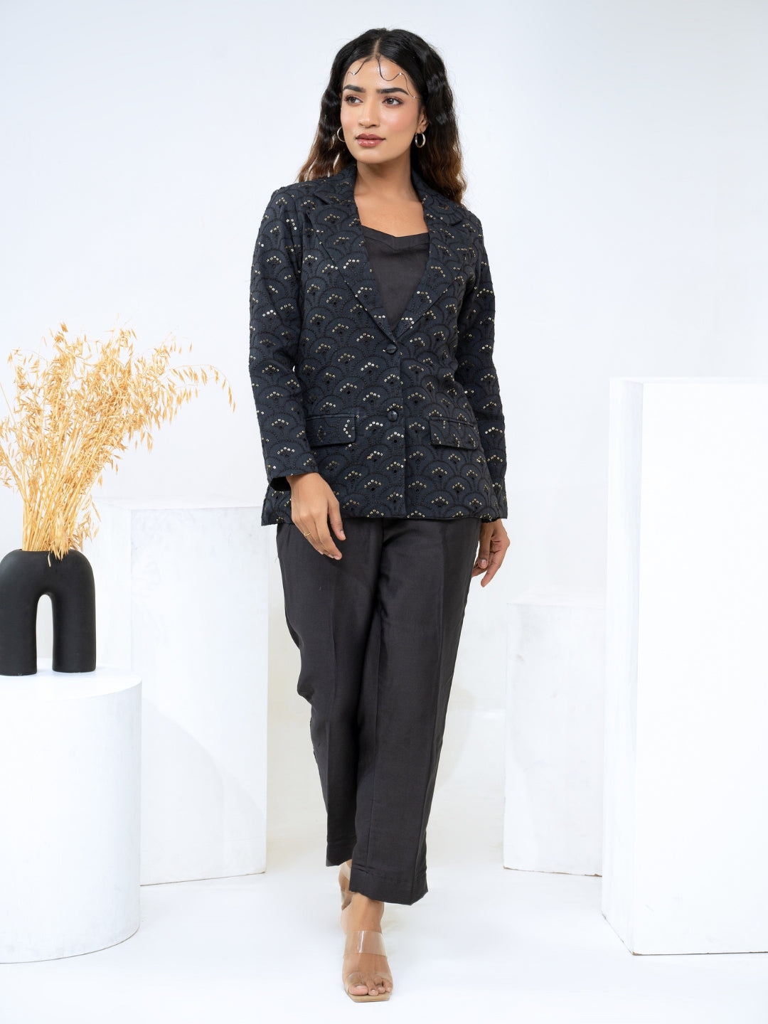 Cotton Shiffli Black Blazer With Modal Satin Pant & Inner Co-Ord Set