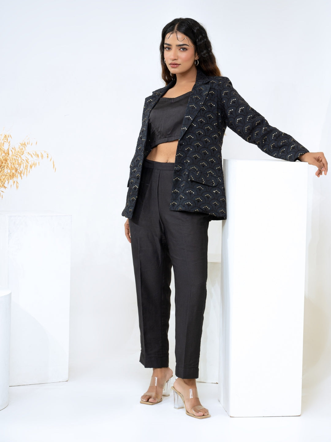 Cotton Shiffli Black Blazer With Modal Satin Pant & Inner Co-Ord Set