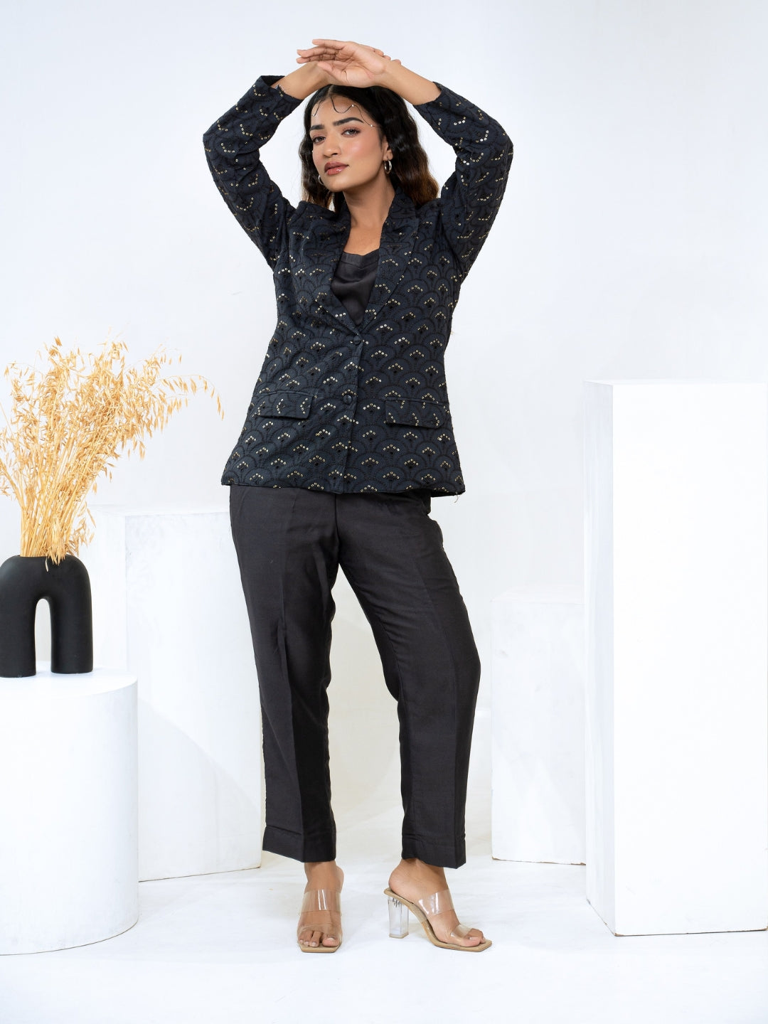 Cotton Shiffli Black Blazer With Modal Satin Pant & Inner Co-Ord Set