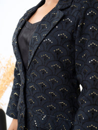 Cotton Shiffli Black Blazer With Modal Satin Pant & Inner Co-Ord Set