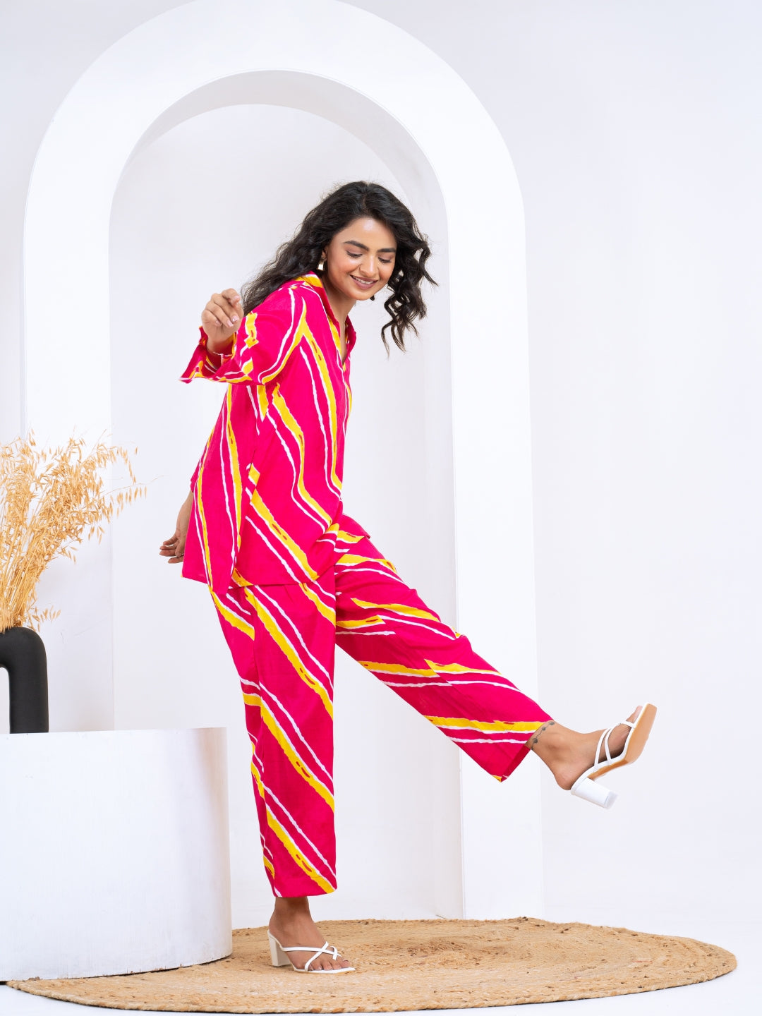 Cotton Silk Pink Laheriya Co-ord Set