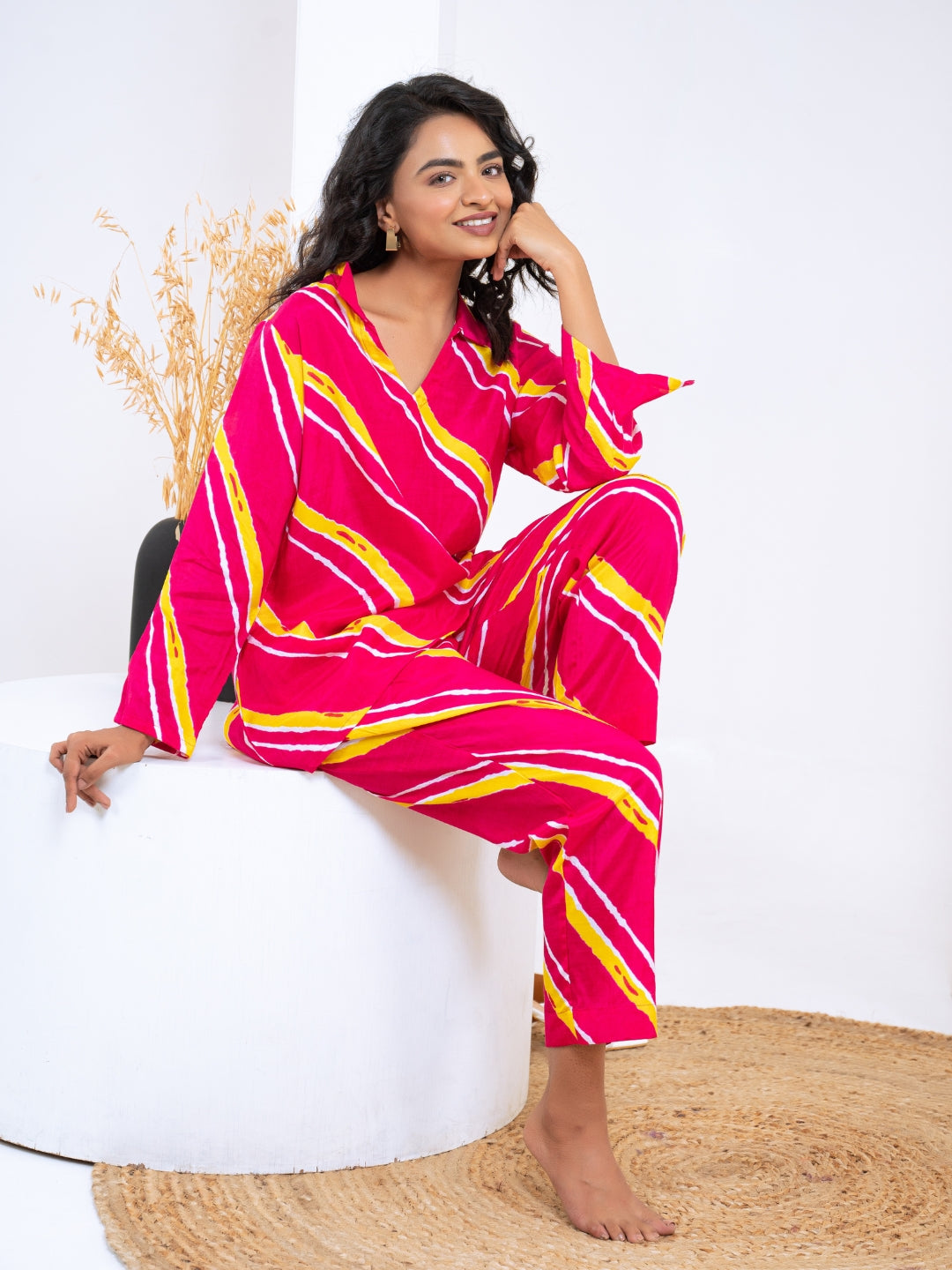 Cotton Silk Pink Laheriya Co-ord Set