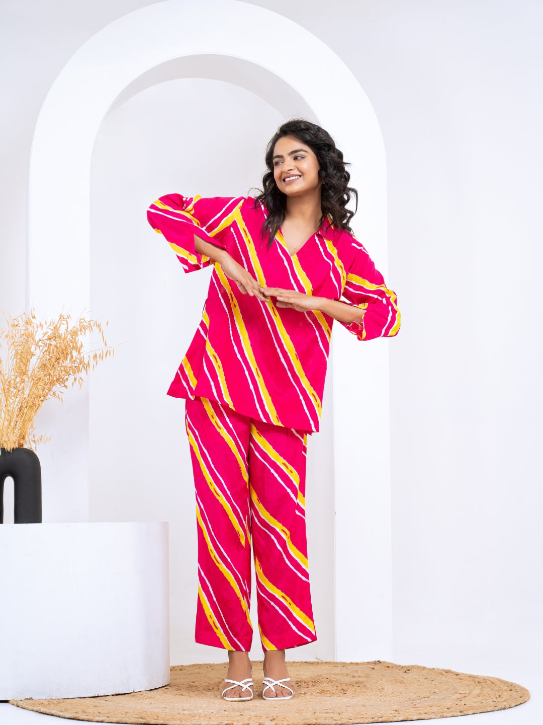 Cotton Silk Pink Laheriya Co-ord Set