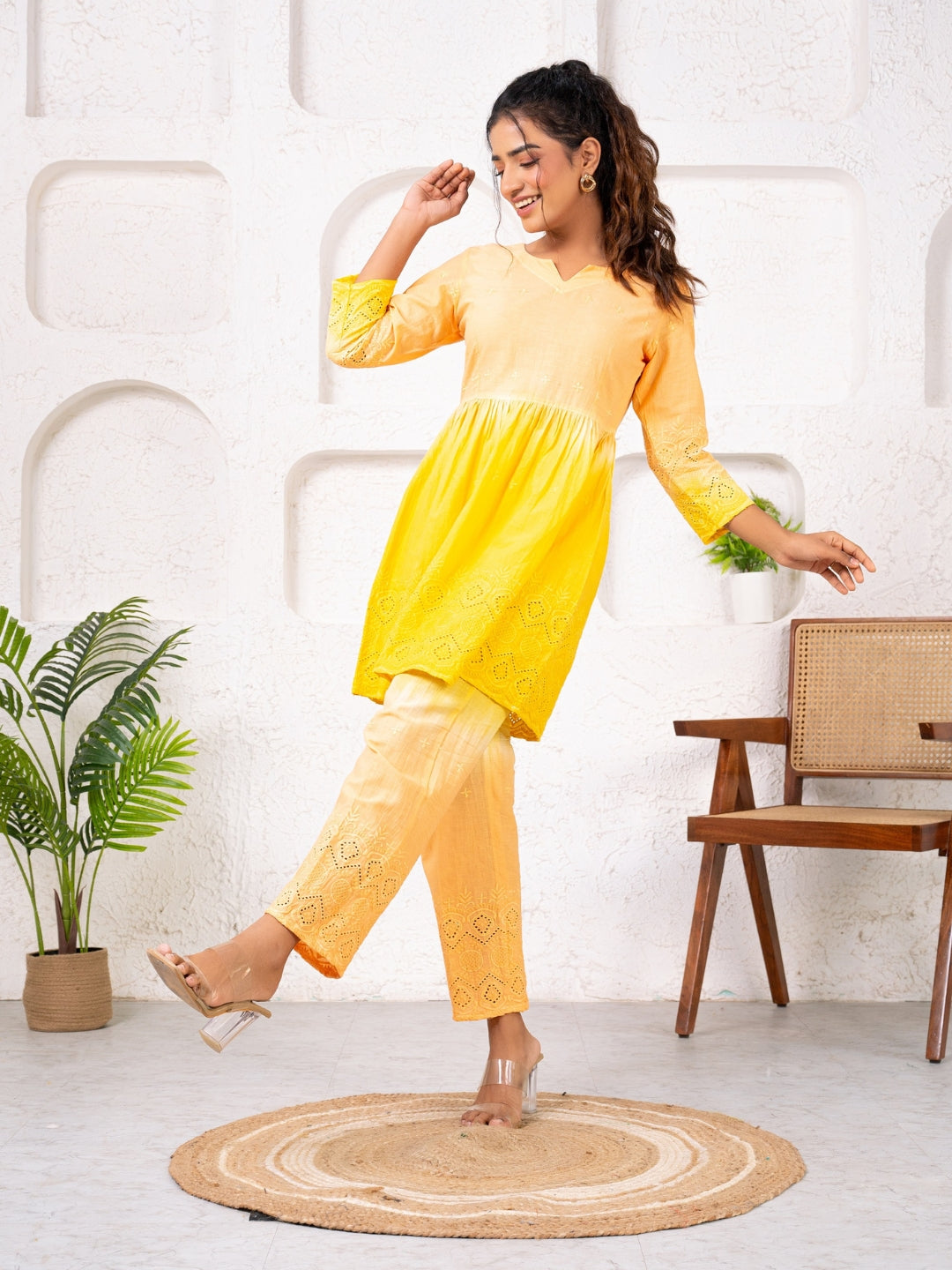 Cotton Shiffli Ombre Yellow Co-ord Set