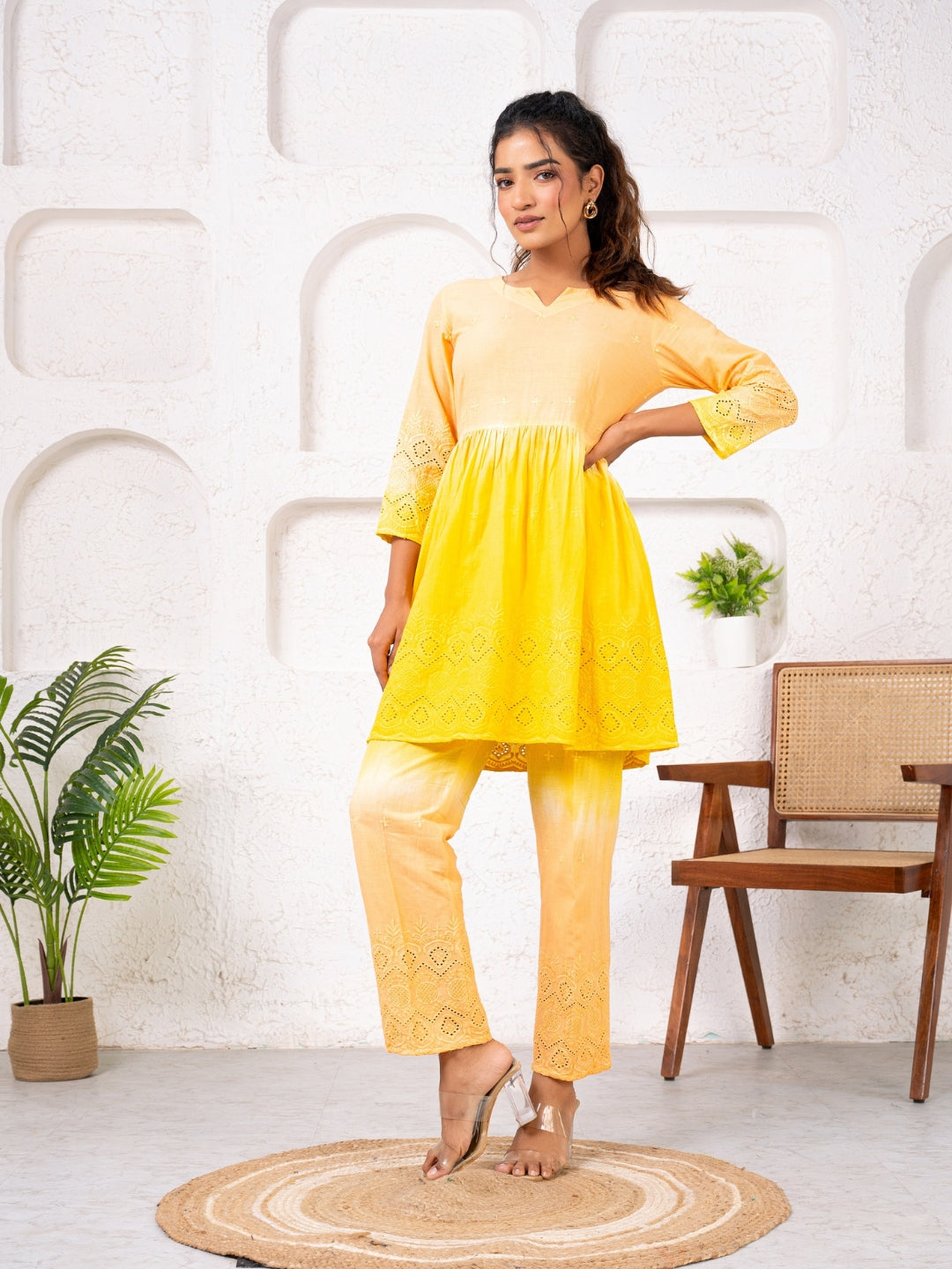 Cotton Shiffli Ombre Yellow Co-ord Set