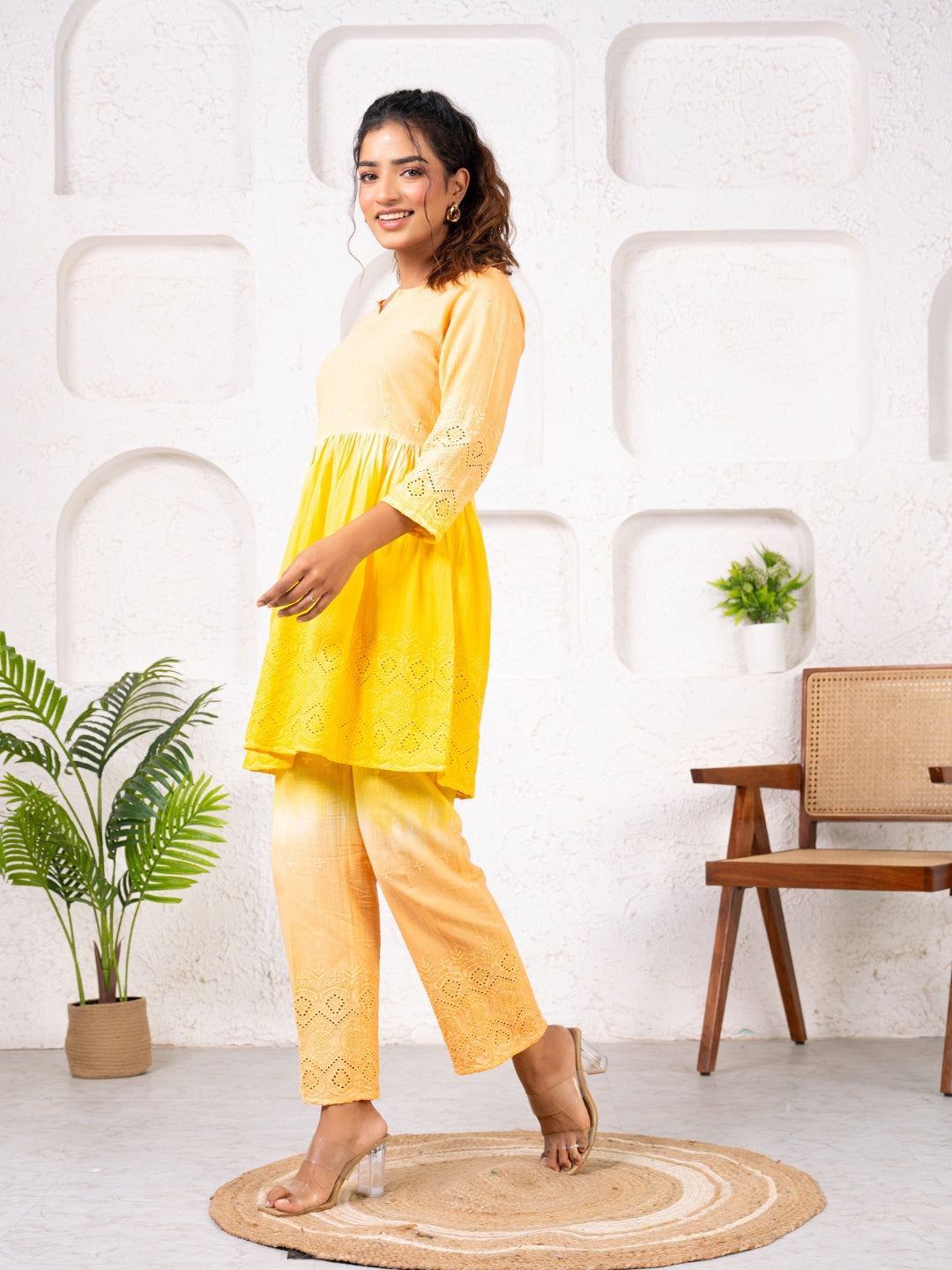 Cotton Shiffli Ombre Yellow Co-ord Set