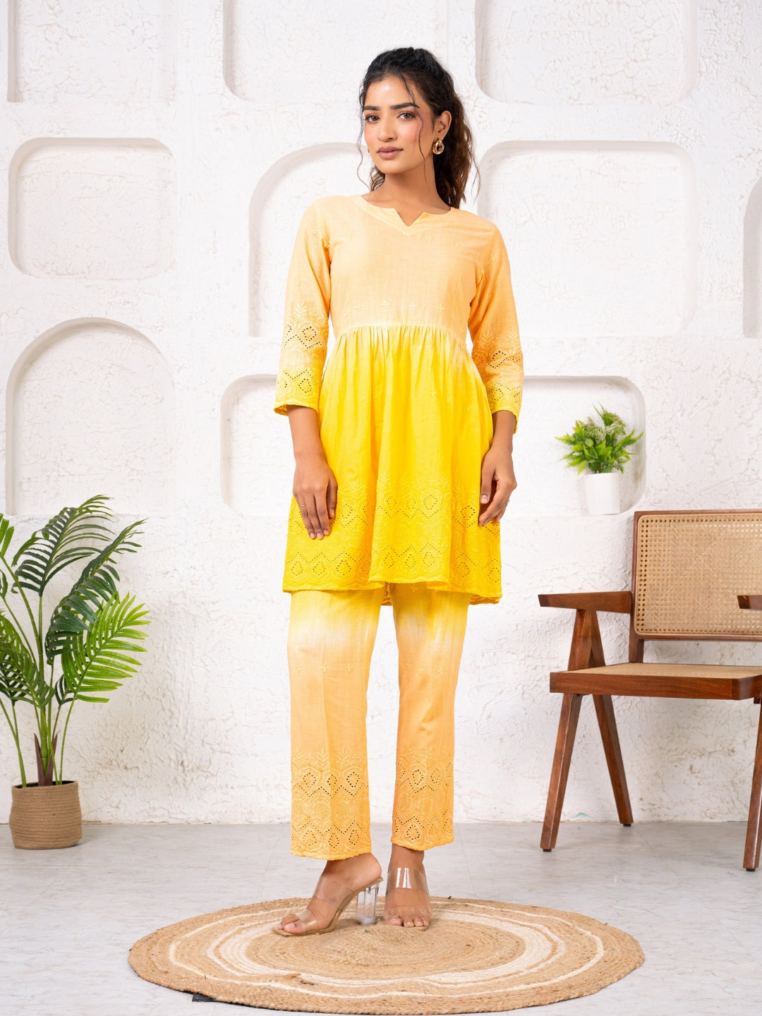 Cotton Shiffli Ombre Yellow Co-ord Set