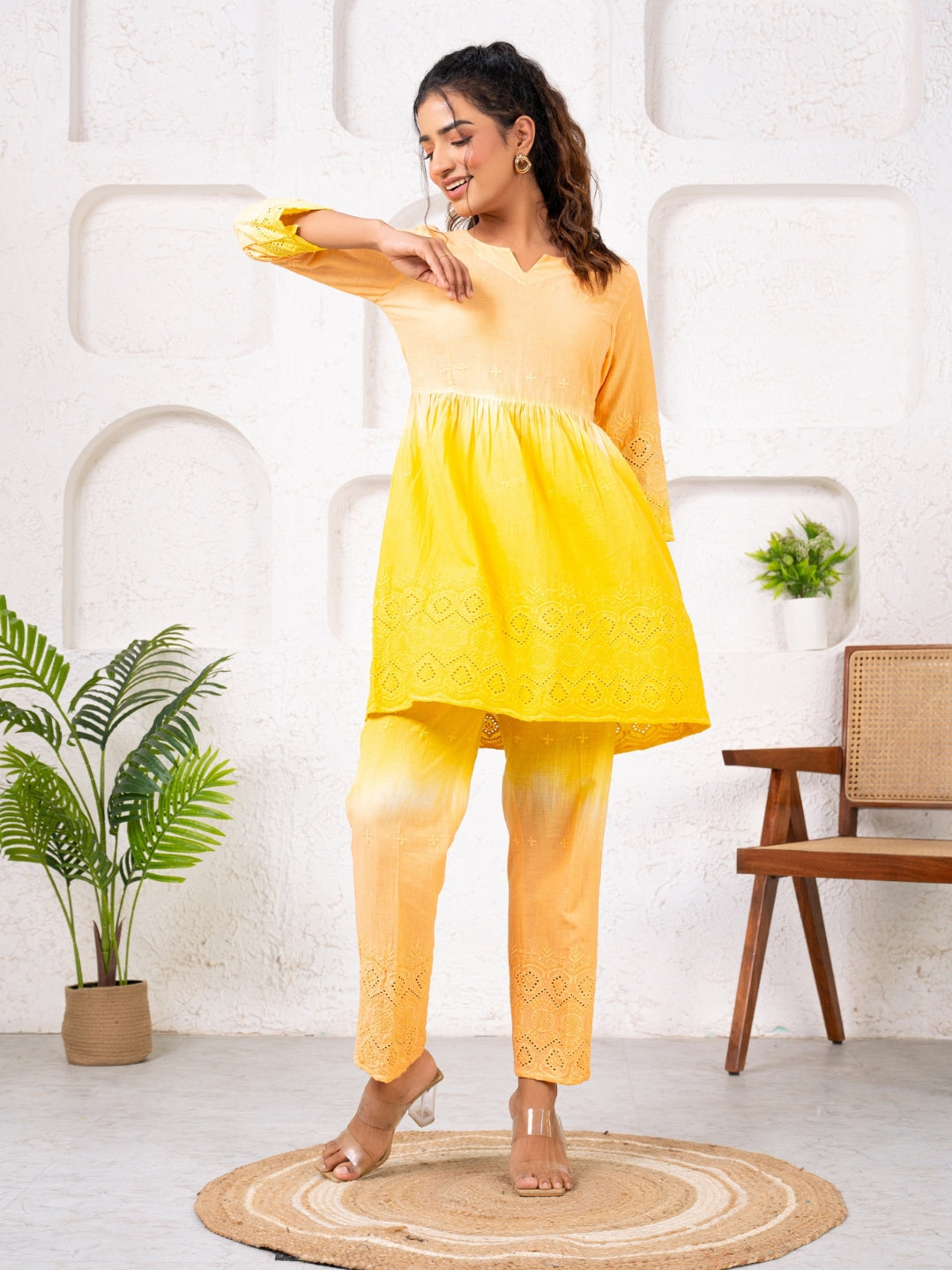 Cotton Shiffli Ombre Yellow Co-ord Set