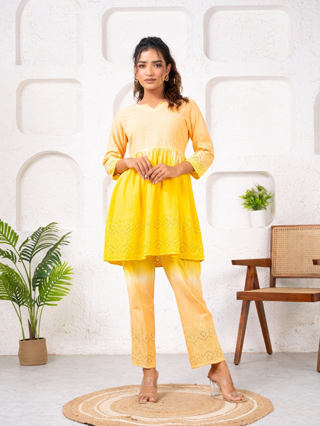 Cotton Shiffli Ombre Yellow Co-ord Set