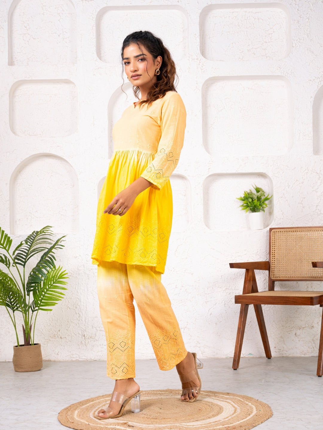 Cotton Shiffli Ombre Yellow Co-ord Set