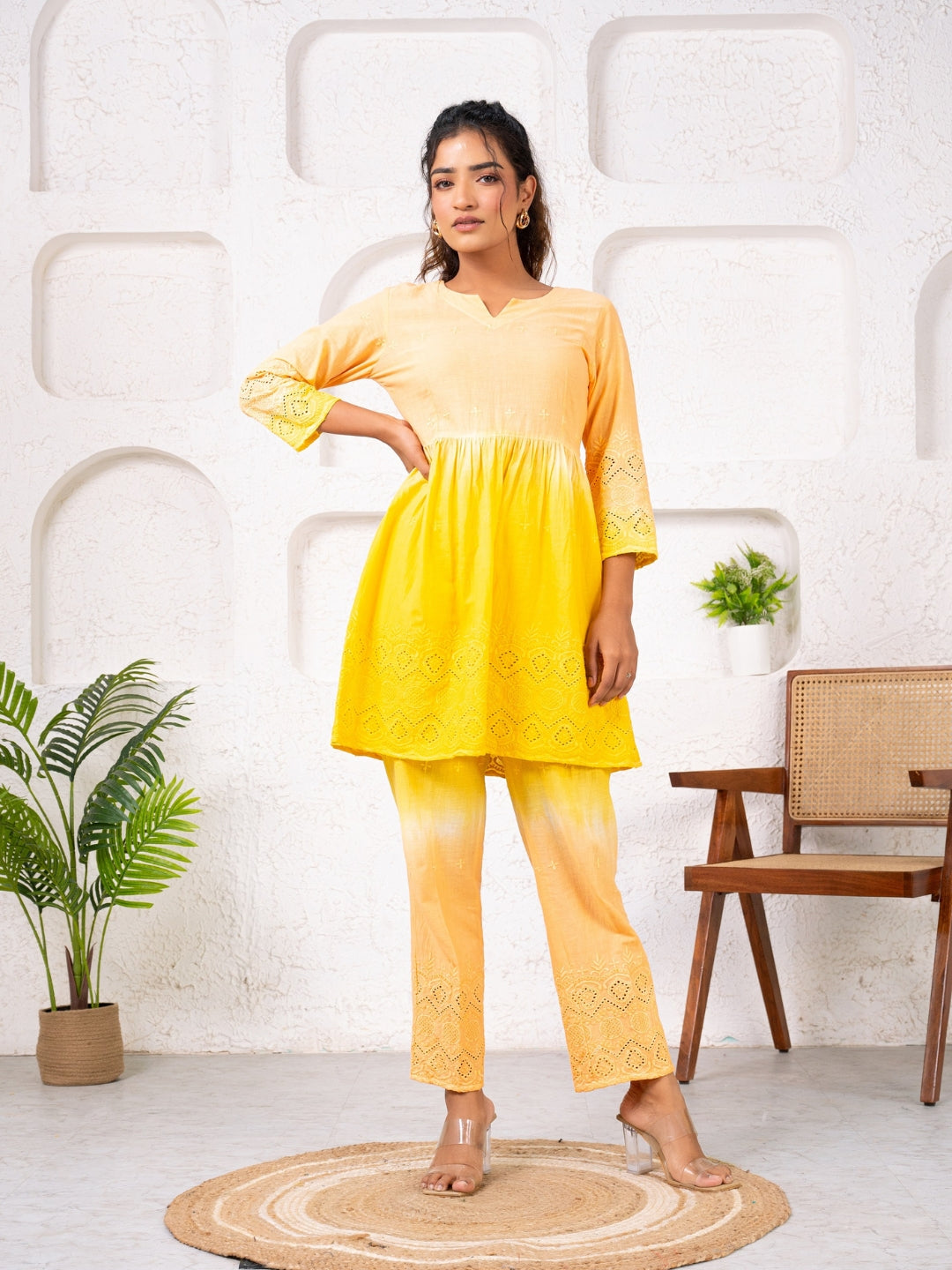 Cotton Shiffli Ombre Yellow Co-ord Set