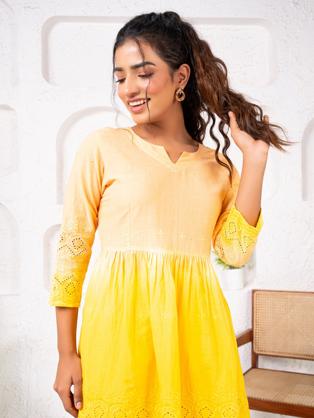 Cotton Shiffli Ombre Yellow Co-ord Set