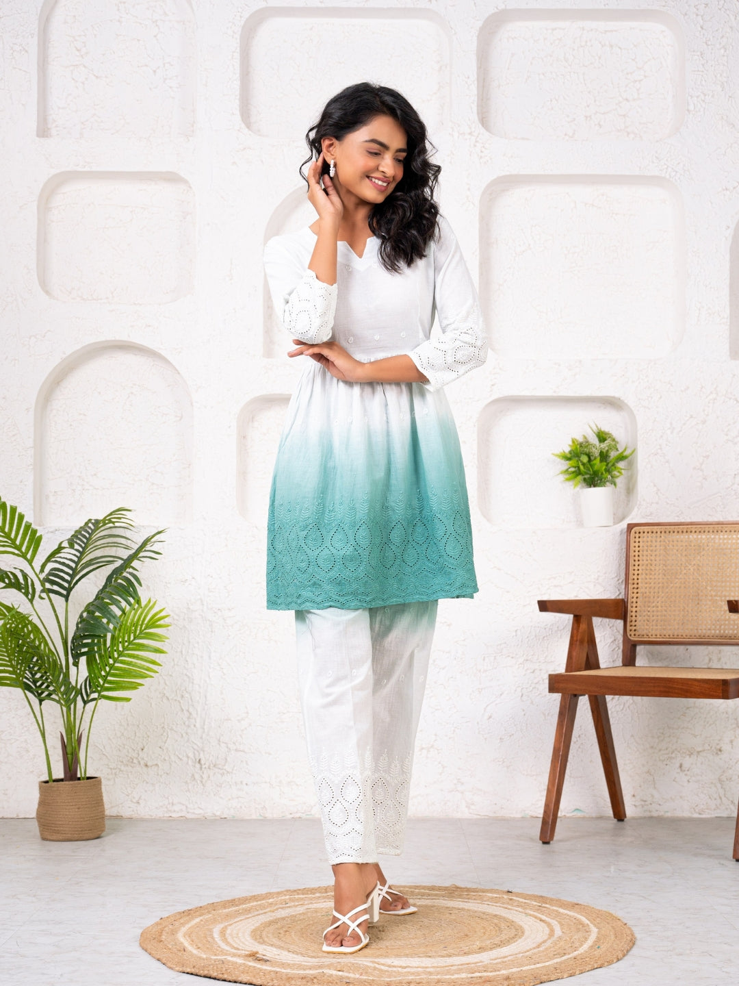 Cotton Shiffli Ombre Green Co-ord Set