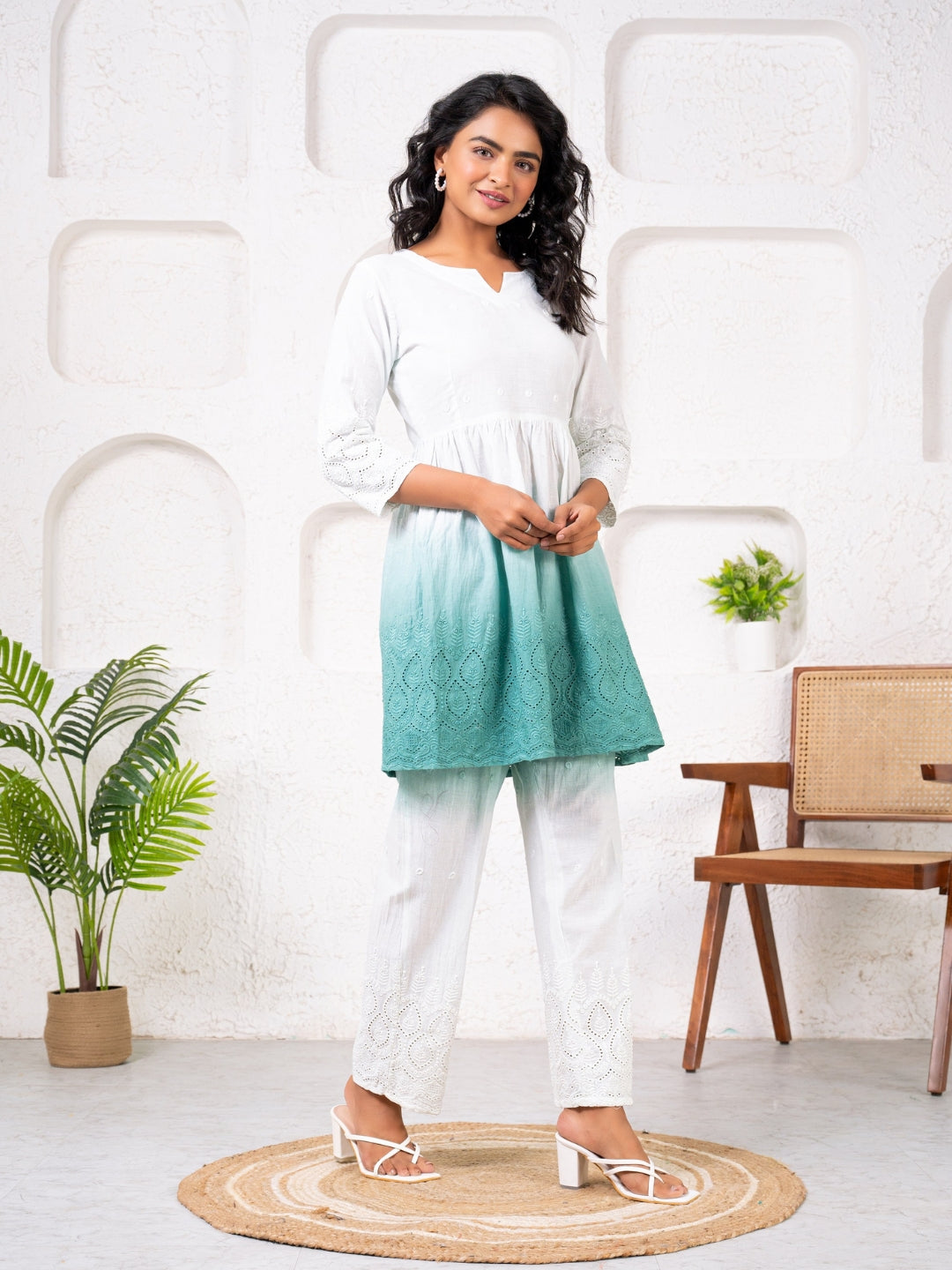 Cotton Shiffli Ombre Green Co-ord Set