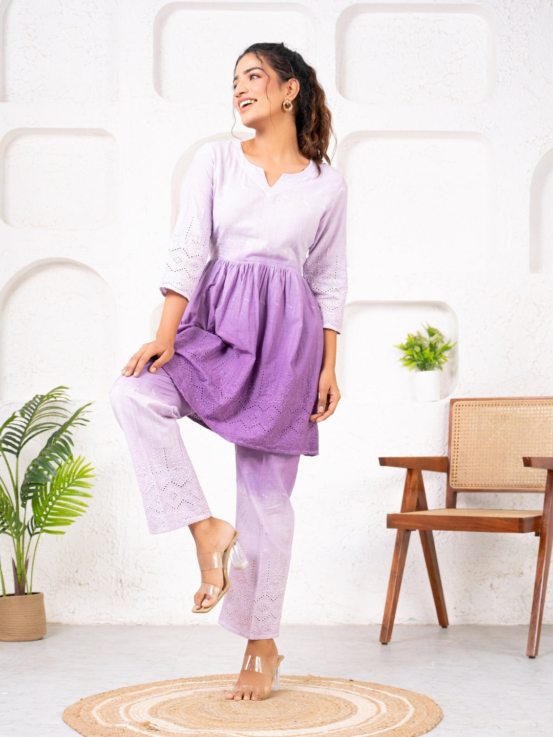 Cotton Shiffli Ombre Purple Co-ord Set