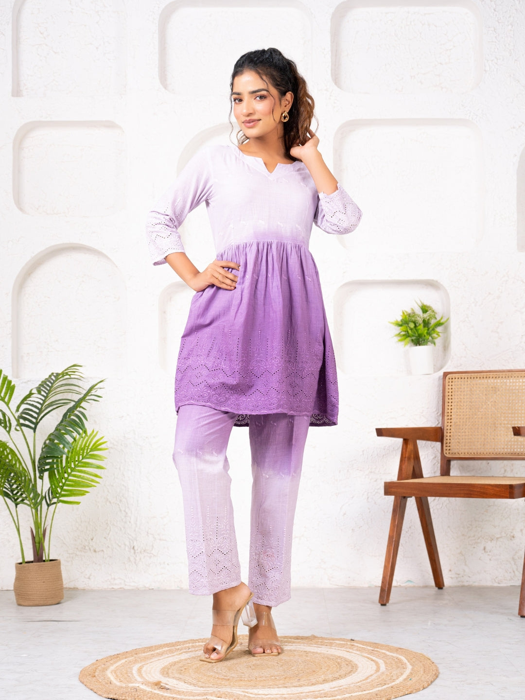 Cotton Shiffli Ombre Purple Co-ord Set