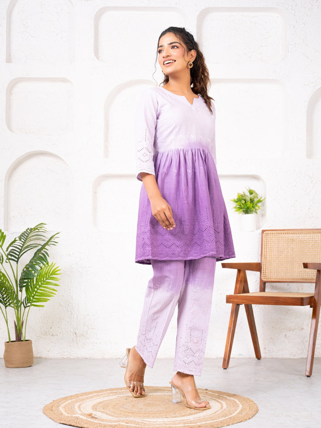 Cotton Shiffli Ombre Purple Co-ord Set