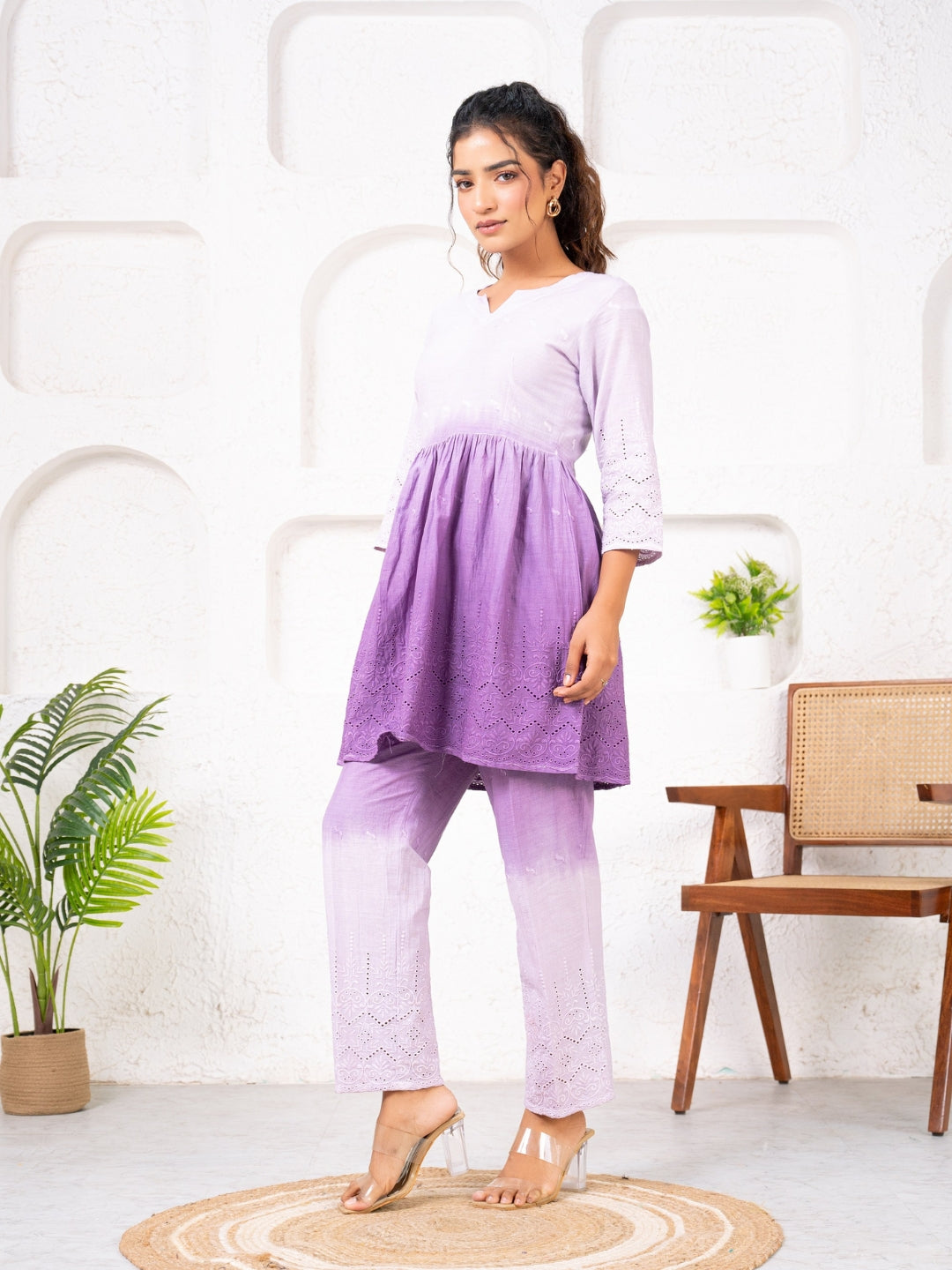 Cotton Shiffli Ombre Purple Co-ord Set