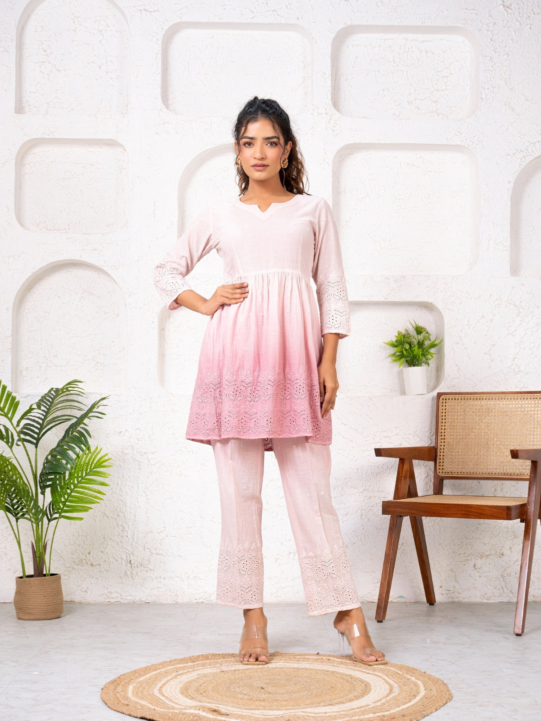 Cotton Shiffli Ombre Mauve Co-ord Set