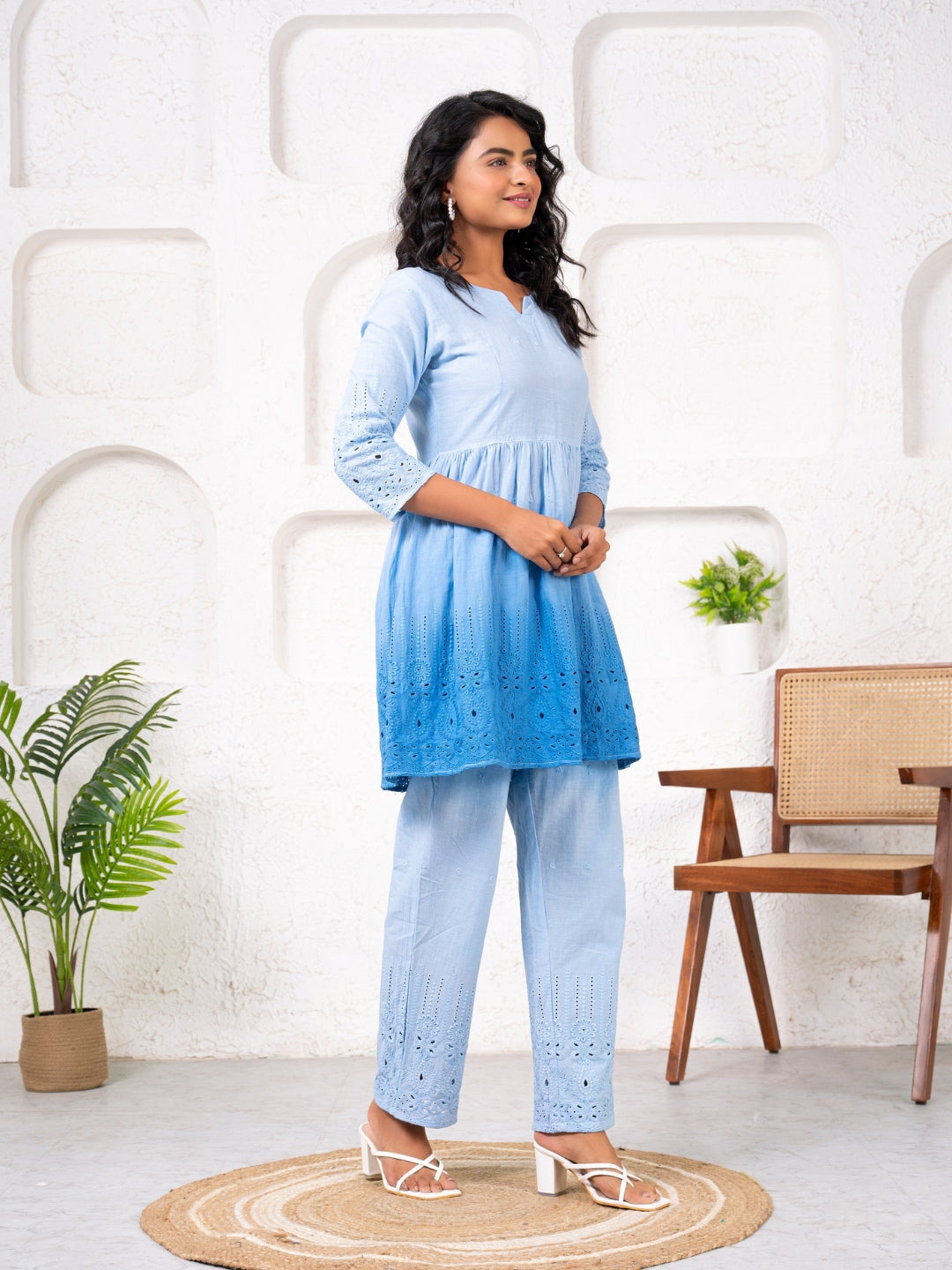 Cotton Shiffli Ombre Blue Co-ord Set