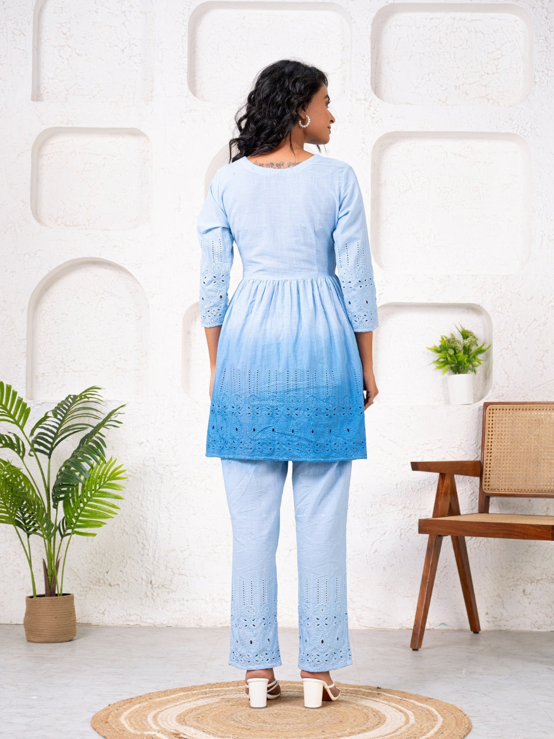 Cotton Shiffli Ombre Blue Co-ord Set