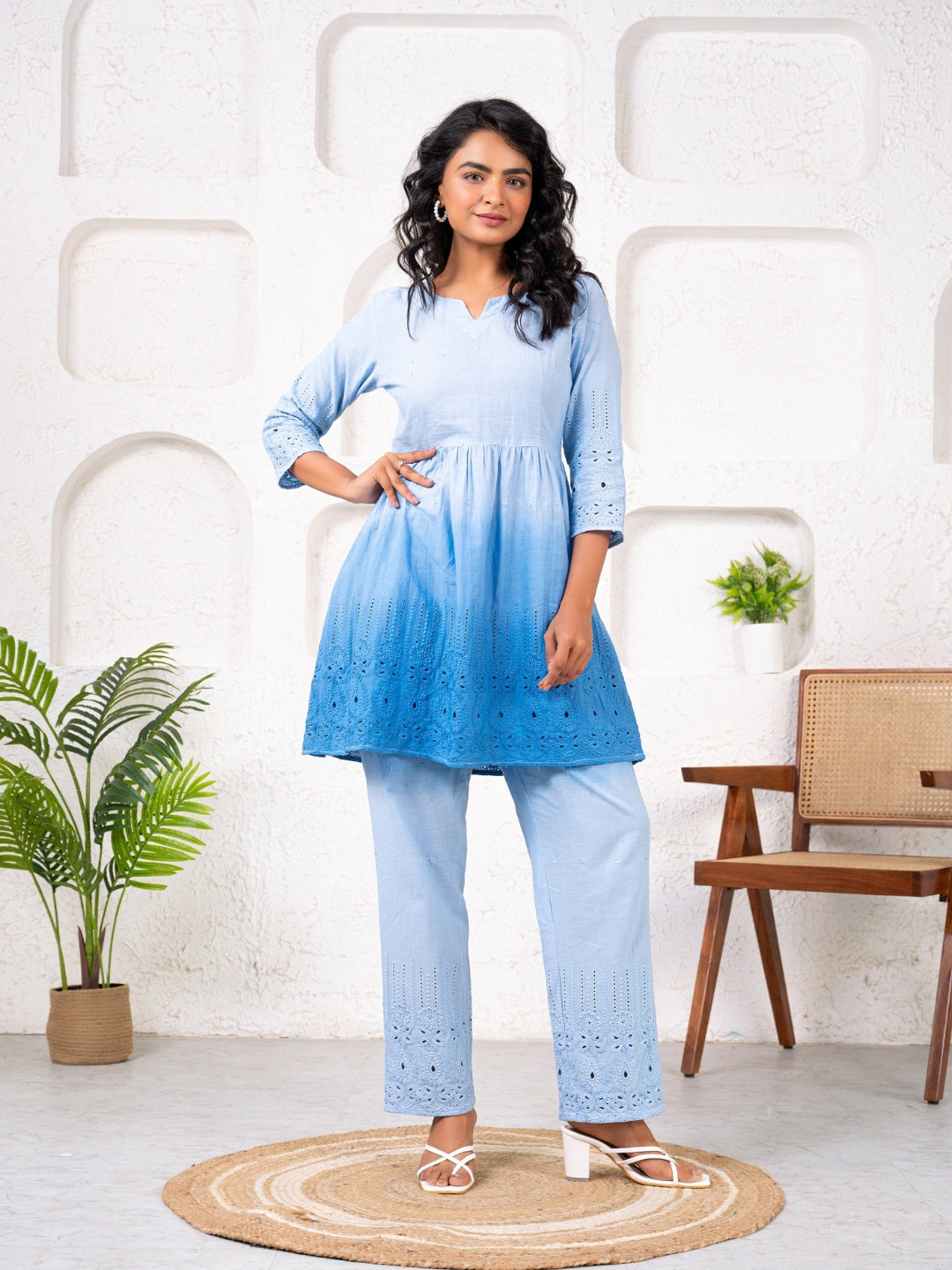 Cotton Shiffli Ombre Blue Co-ord Set