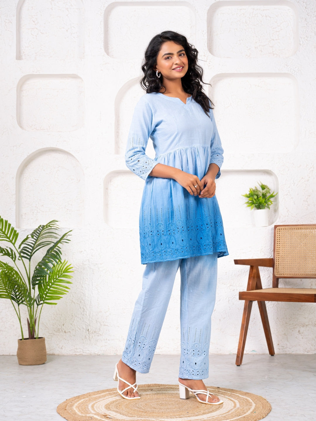 Cotton Shiffli Ombre Blue Co-ord Set