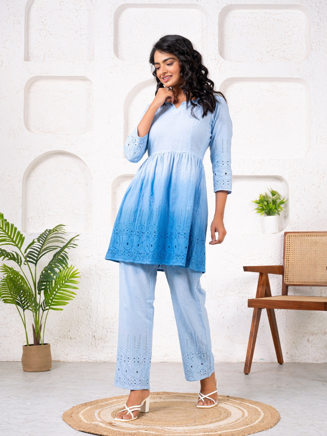 Cotton Shiffli Ombre Blue Co-ord Set