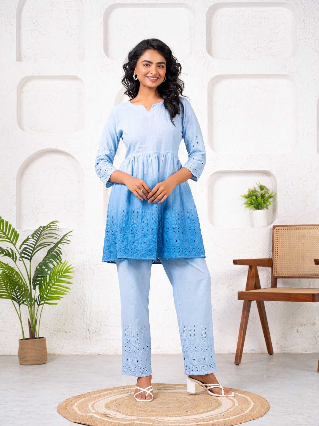 Cotton Shiffli Ombre Blue Co-ord Set