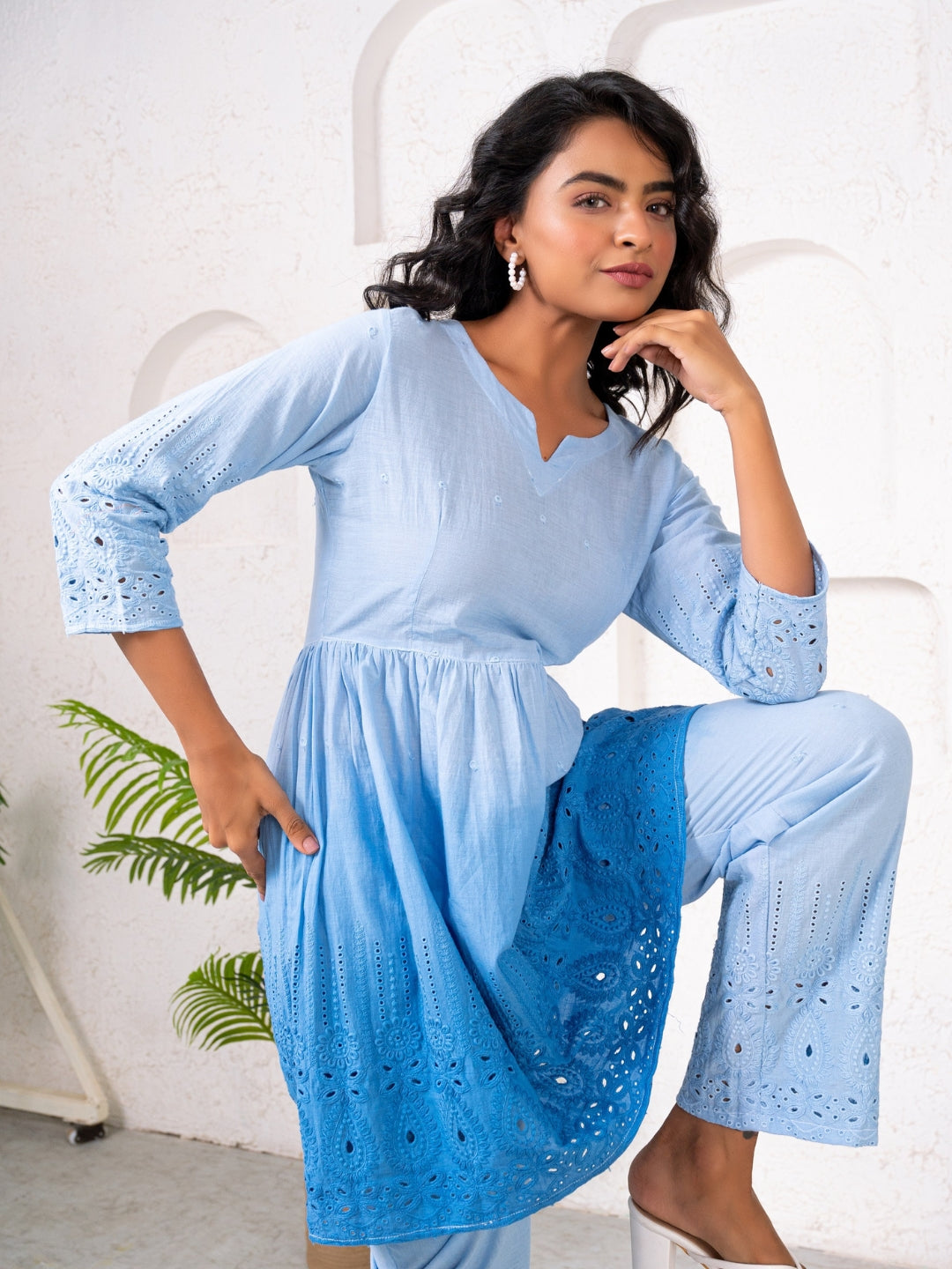 Cotton Shiffli Ombre Blue Co-ord Set