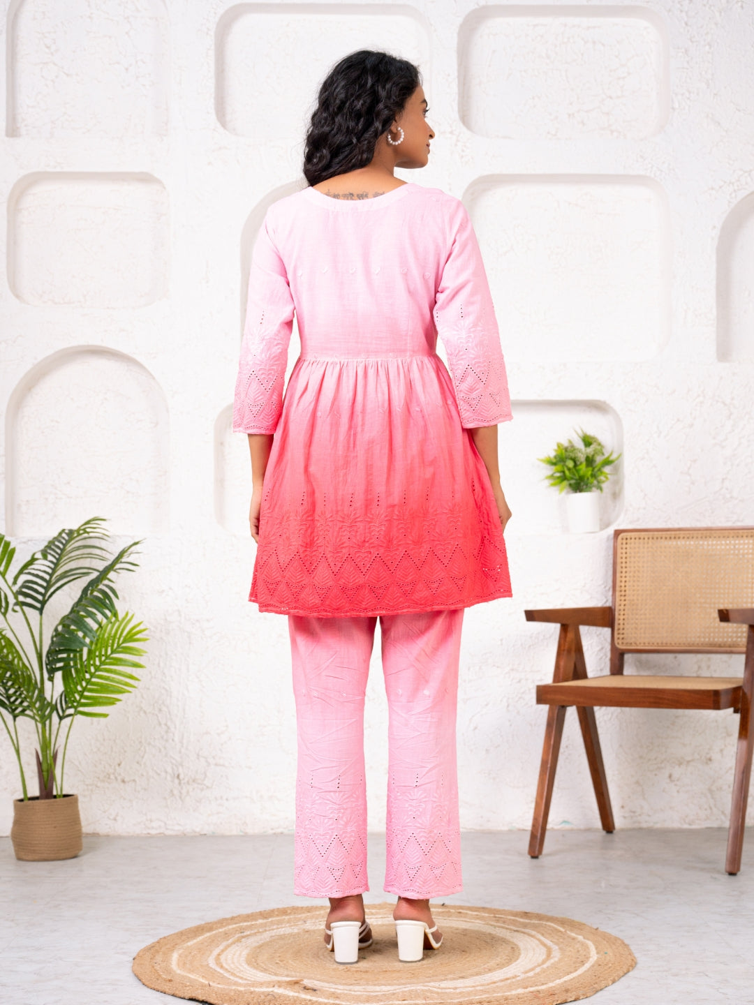 Cotton Shiffli Ombre Reddish Pink Co-ord Set