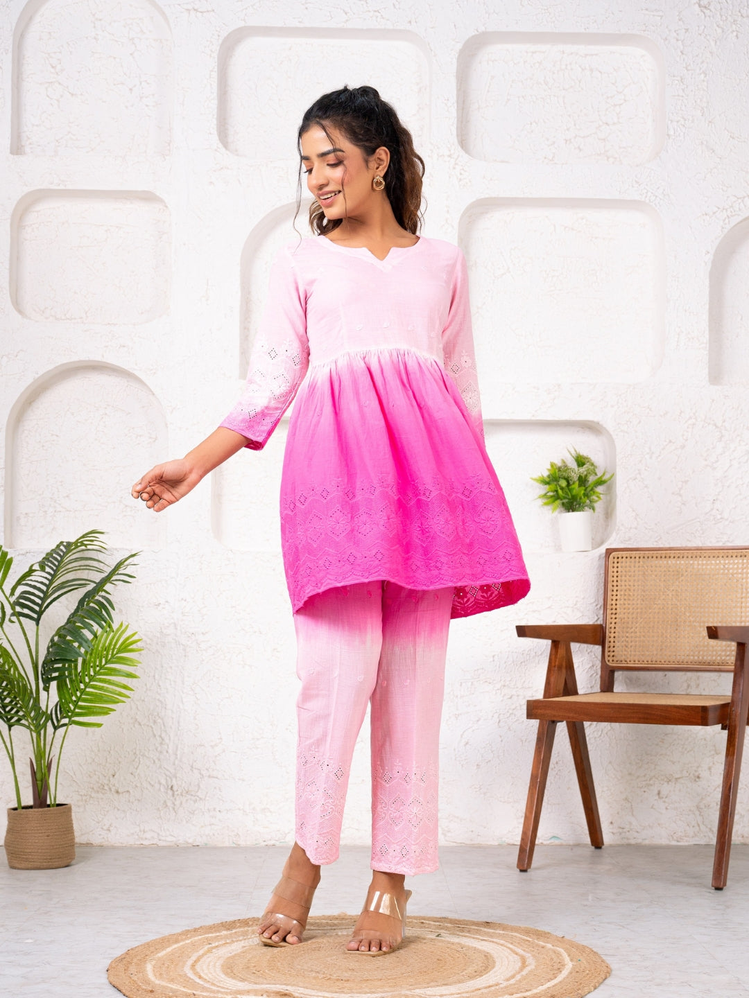 Cotton Shiffli Ombre Pink Co-ord Set