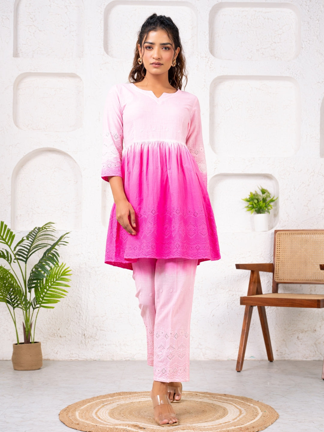 Cotton Shiffli Ombre Pink Co-ord Set