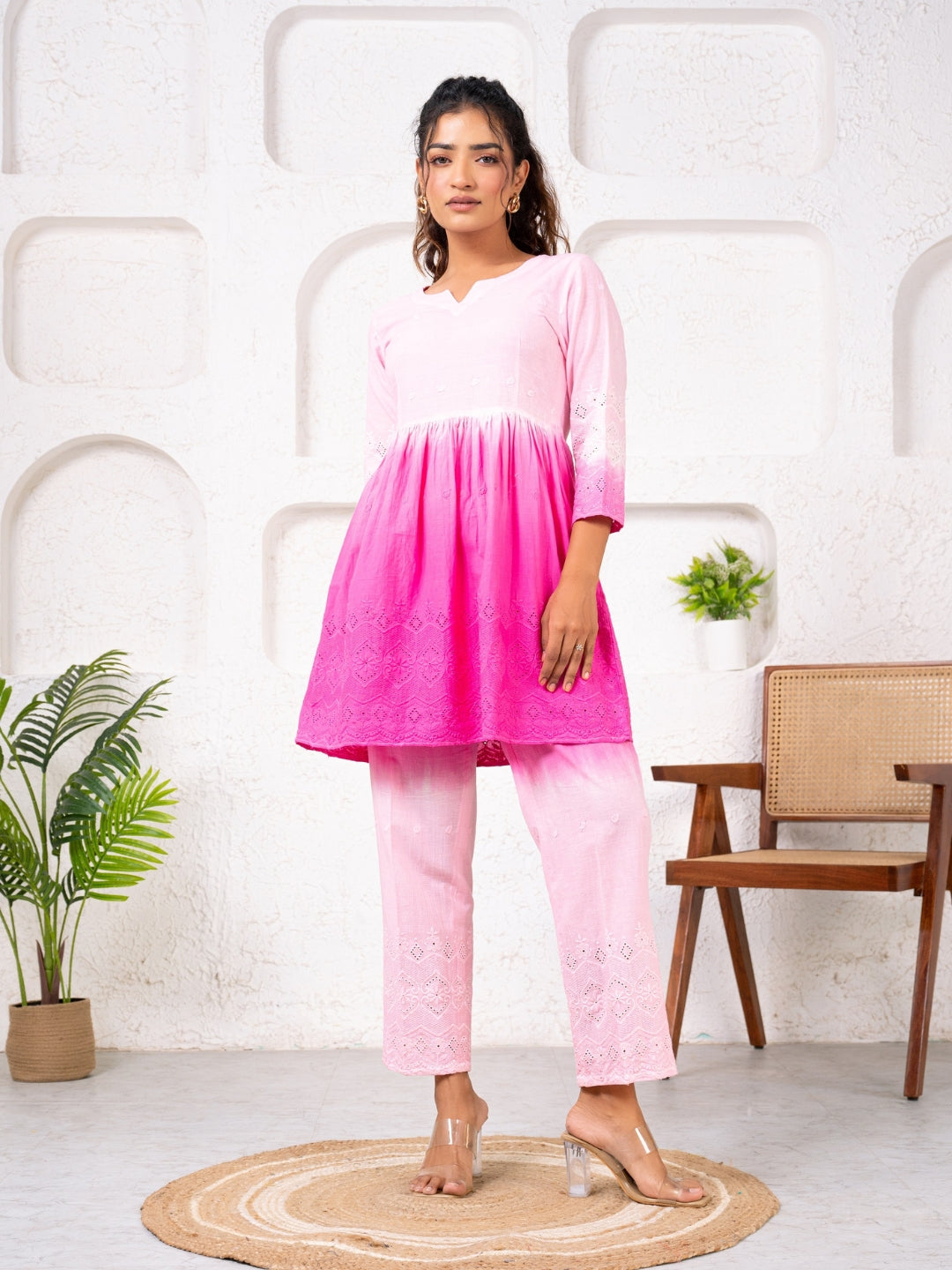 Cotton Shiffli Ombre Pink Co-ord Set