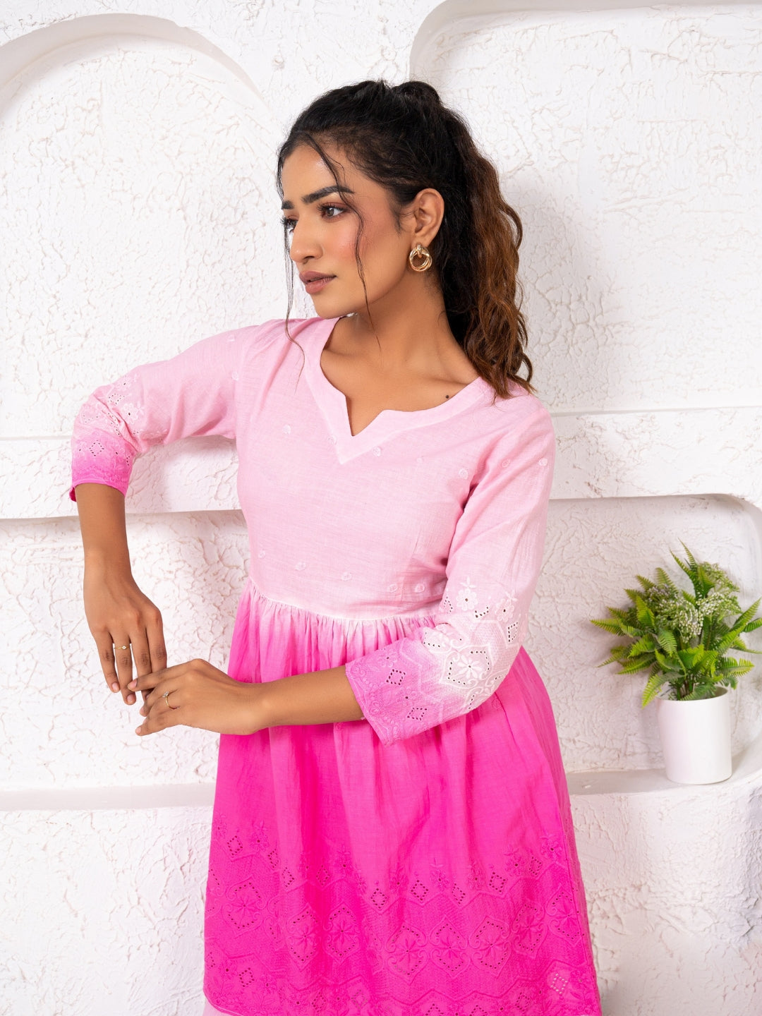 Cotton Shiffli Ombre Pink Co-ord Set