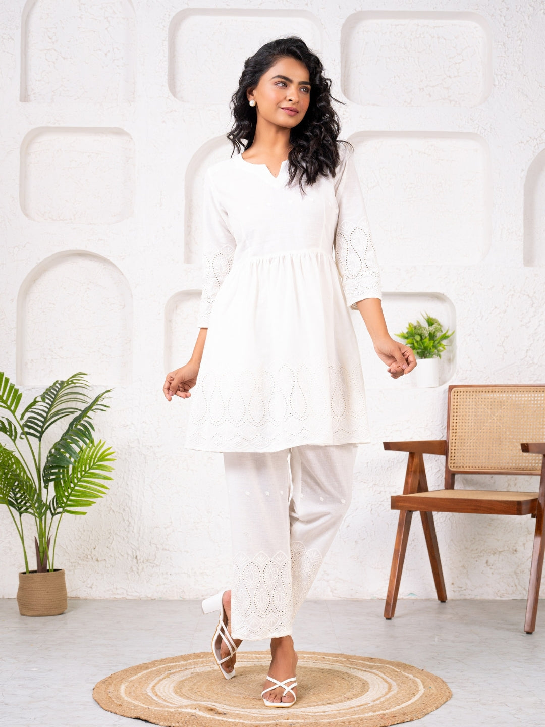 Cotton Shiffli Ombre Off-white Co-ord Set