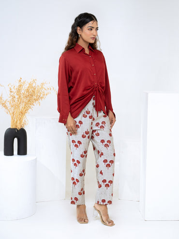 Modal Satin Maroon With Printed Pant Co-ord Set