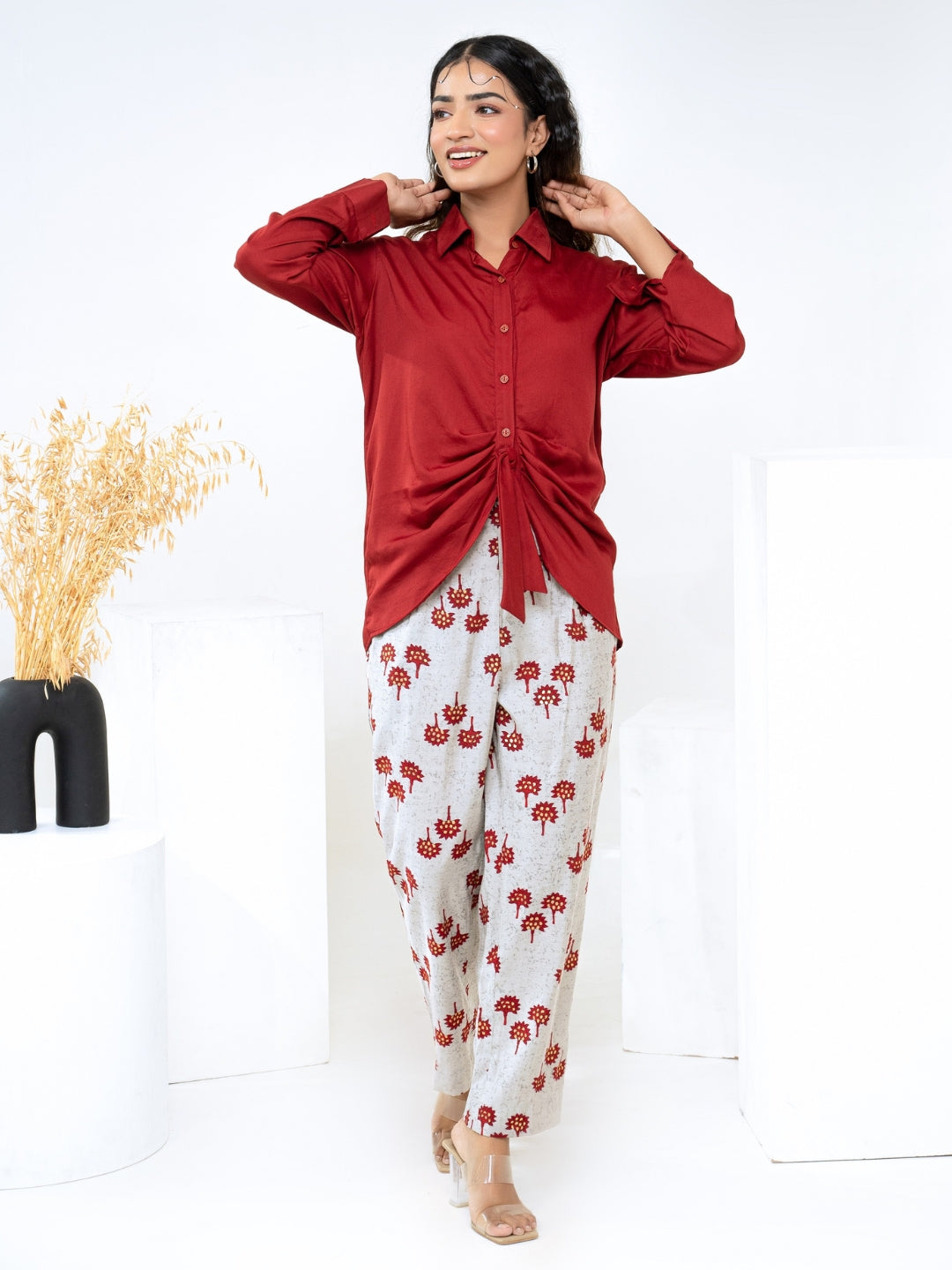 Modal Satin Maroon With Printed Pant Co-ord Set