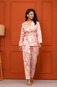 Jam Cotton Printed Peach Blazer Belt Co-ord Set