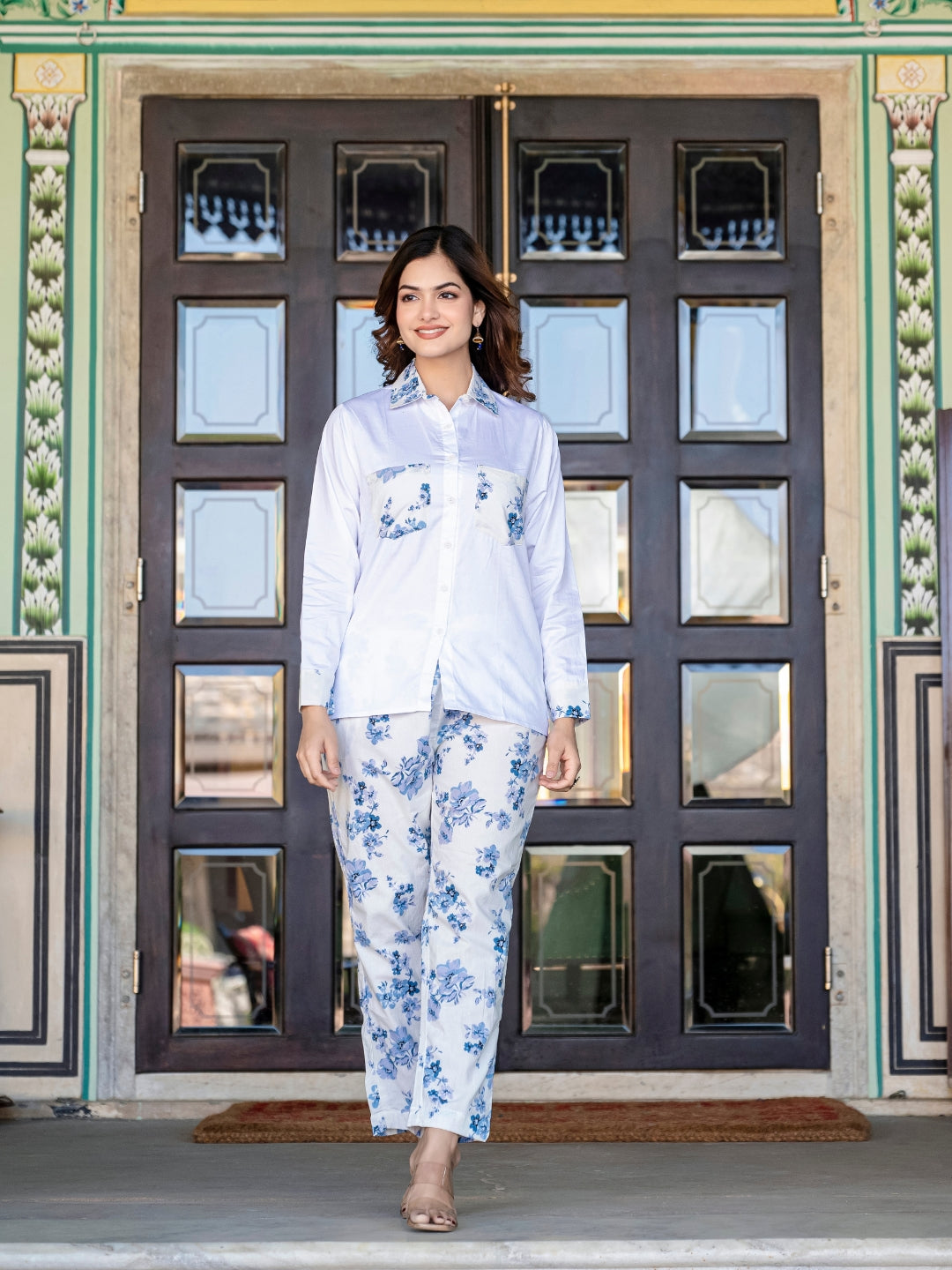 White Pure Cotton Flower Detailing Co-ord Set