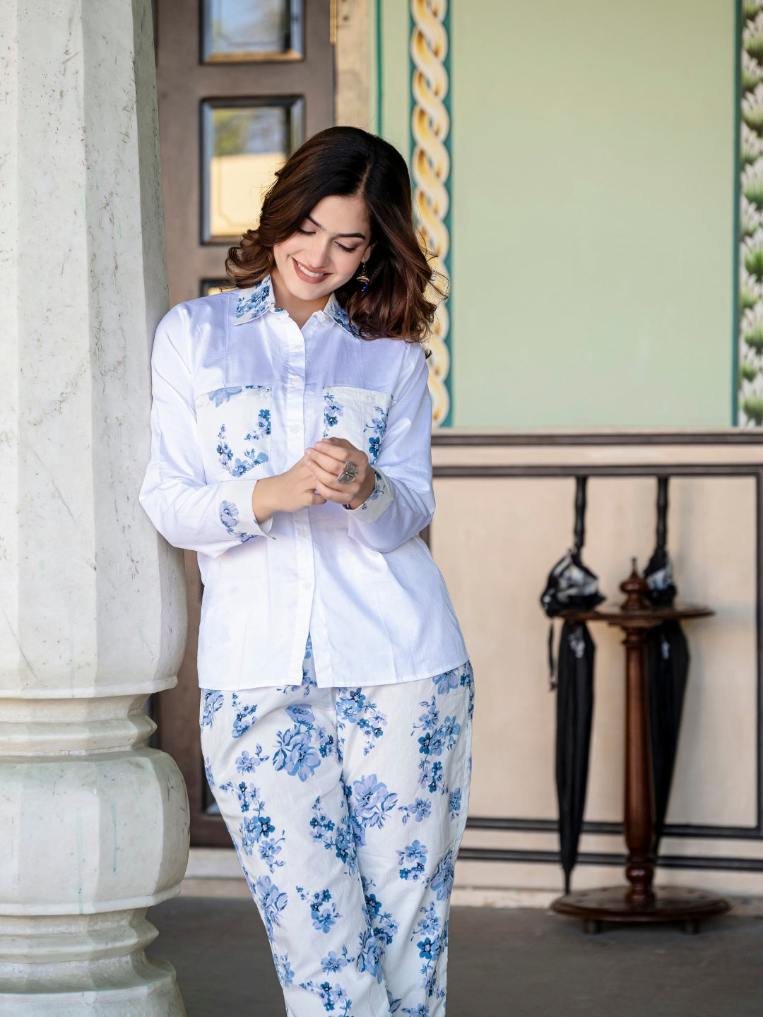 White Pure Cotton Flower Detailing Co-ord Set